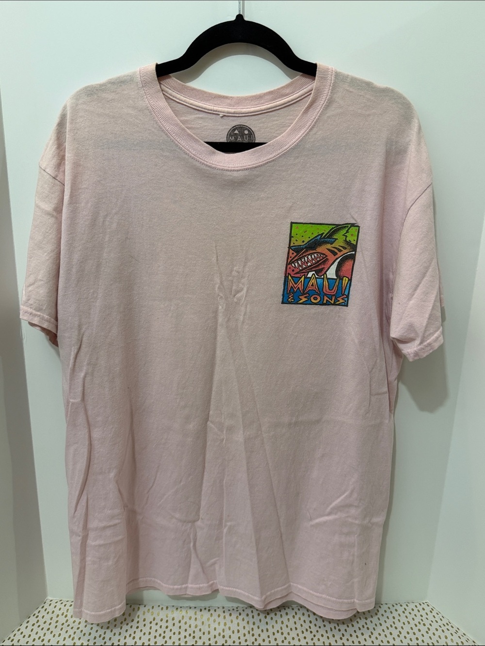 Maui and Sons Light Pink Tee with Colorful Shark Patch